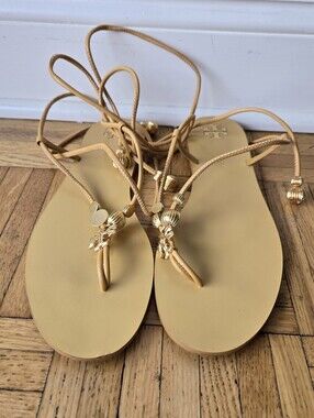 Worn Once Tory Burch Gold-Tone Beaded Lace-Up Sandals in Yellow